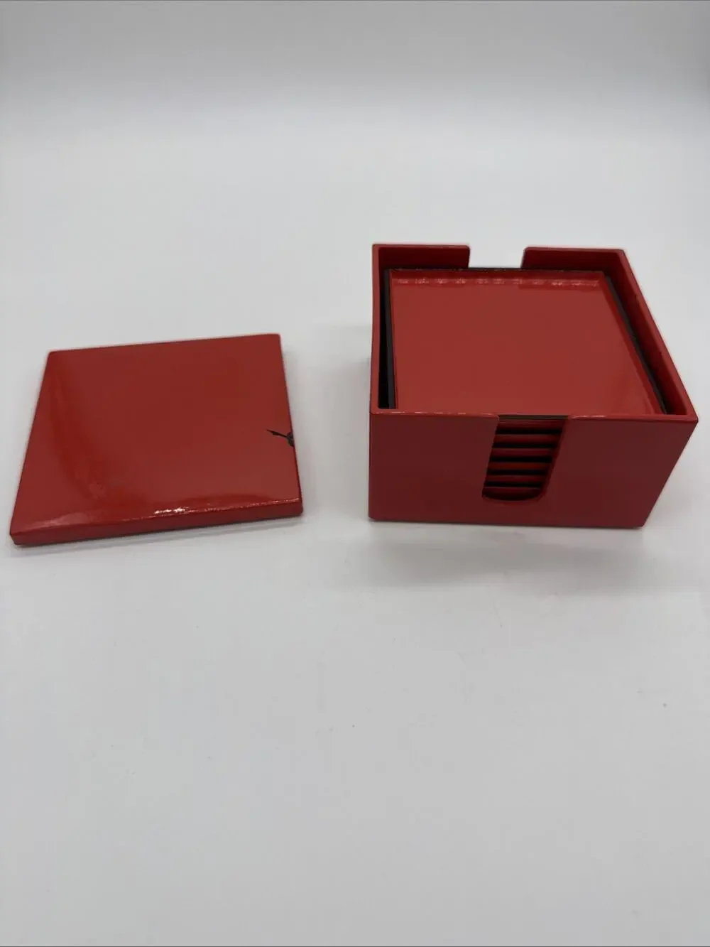 Vintage Katja for Prisma Japan Red Lacquer Coaster Set Box 7pc MCM Paint Wear